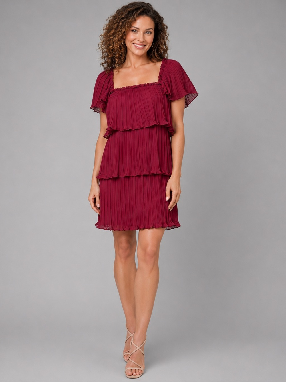 DKNY Square-Neck Pleated Tiered Mini Dress Flutter Sleeve Party Cocktail